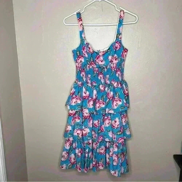Betsey Johnson ISLAND BLUE FLORAL midi dress Sz 2 - Picture 1 of 7